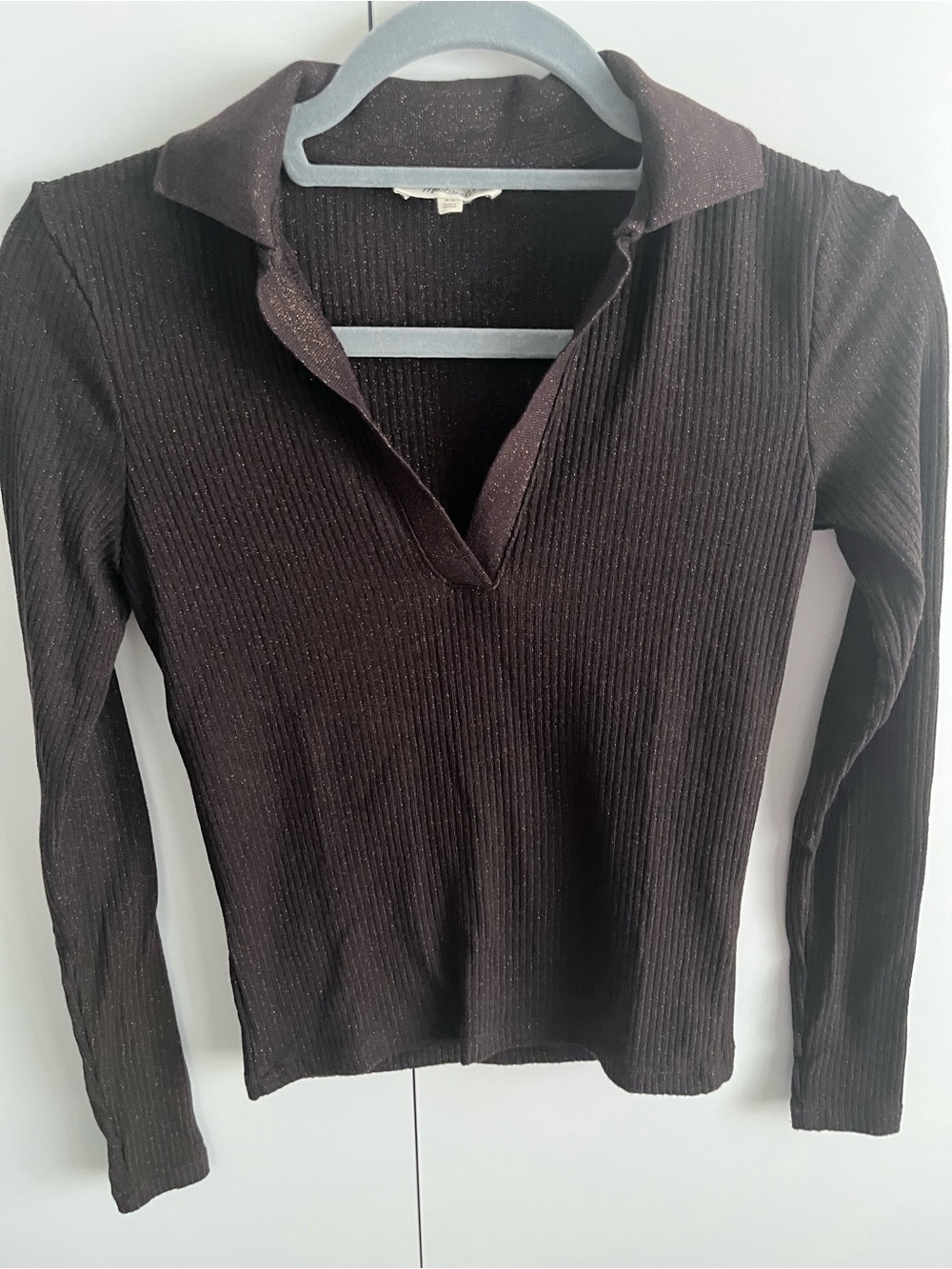 Madewell Brown metallic Ribbed Long-Sleeve V-Neck Top with Collar